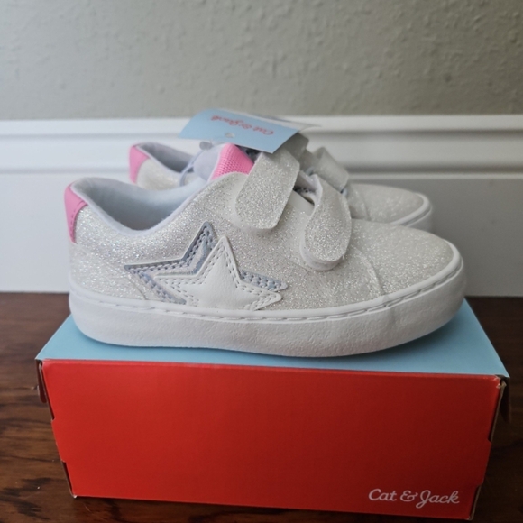 NEW Cat & Jack Size 7 Toddler Girl White Glitter Velcro Sora Sneakers shoes - Picture 3 of 7